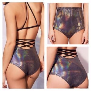 NEW Out From Under Foil Strappy Back High Waisted Bikini Bottoms Size M Swimsuit